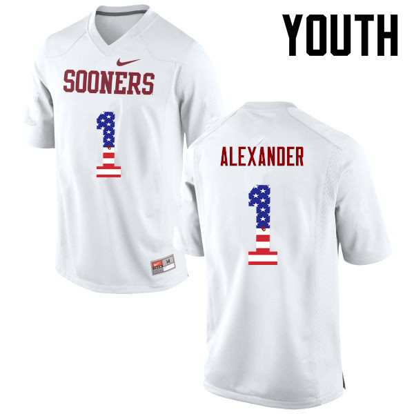 Youth Oklahoma Sooners #1 Dominique Alexander College Football USA Flag Fashion Jerseys-White - Click Image to Close
